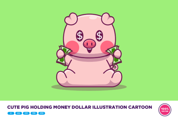 Cute Pig Holding Money Dollar Cartoon: Graphics & Illustrations