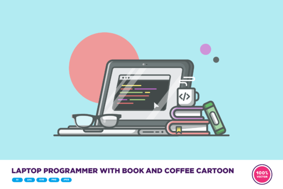 Laptop Programmer with Book and Coffee Graphics